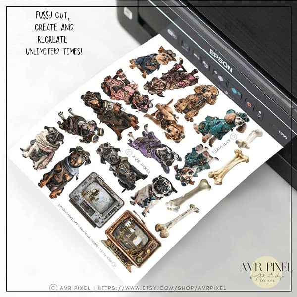 Scrapbooking Ephemera  & Junk Journal Kit | Steampunk Dogs  Set | Victorian Digital Papers |  & Collage Sheets JJES13SET21 _ Avr pixel - Avr Pixel