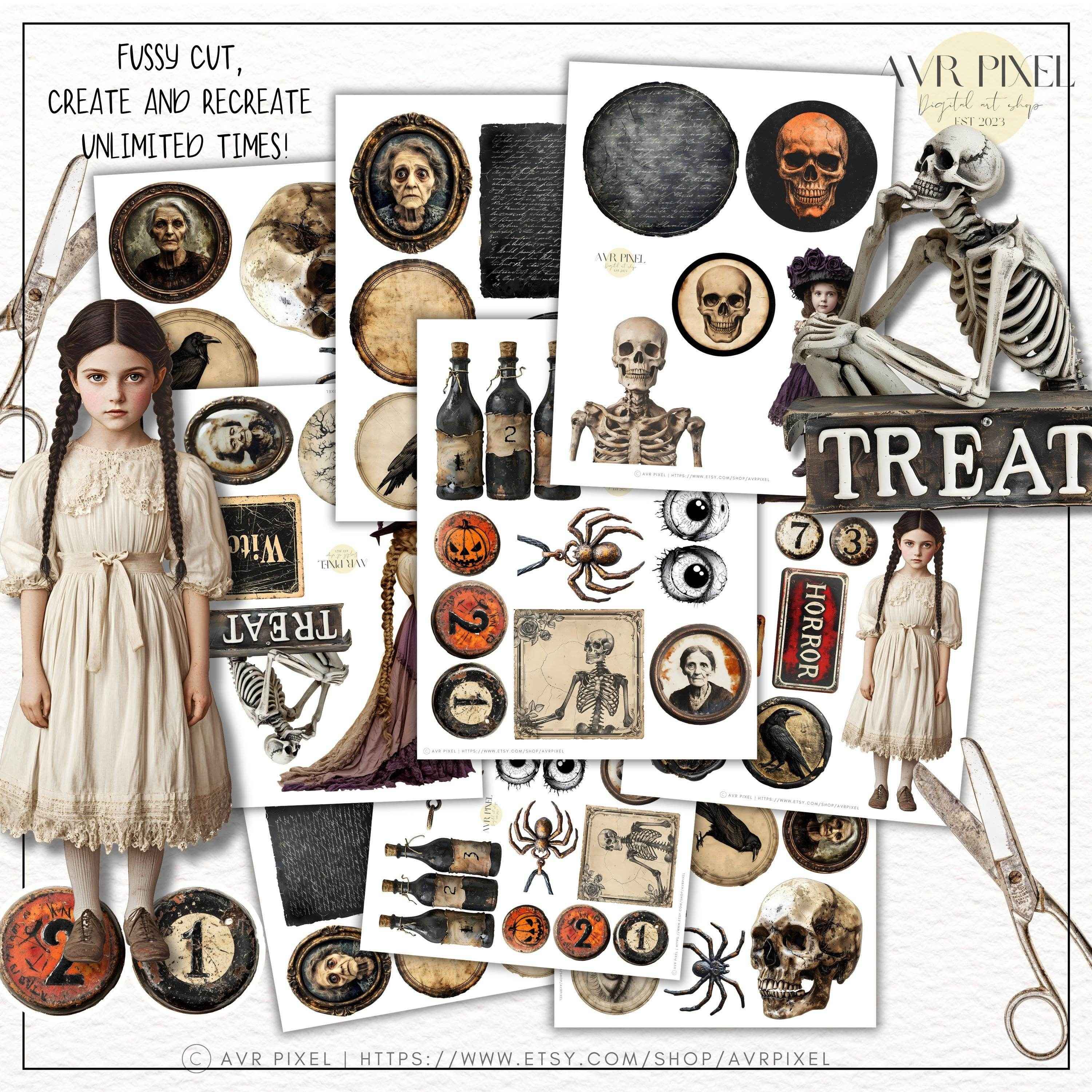 Halloween Scrapbooking Kit | Classic Vintage Ephemera & Junk Journal Kit | Commercial Use Digital Cutouts JJES22H2SE - Avr Pixel - Avr Pixel