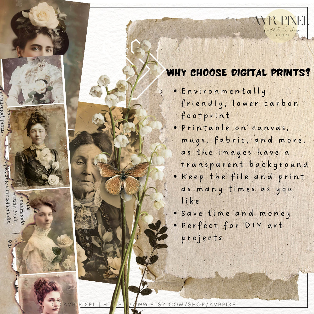 Vintage Women Headshots with Flowers | Junk Journal Ephemera Digital Kit | Commercial Use Scrapbook Supplies _ Avr pixel - Avr Pixel