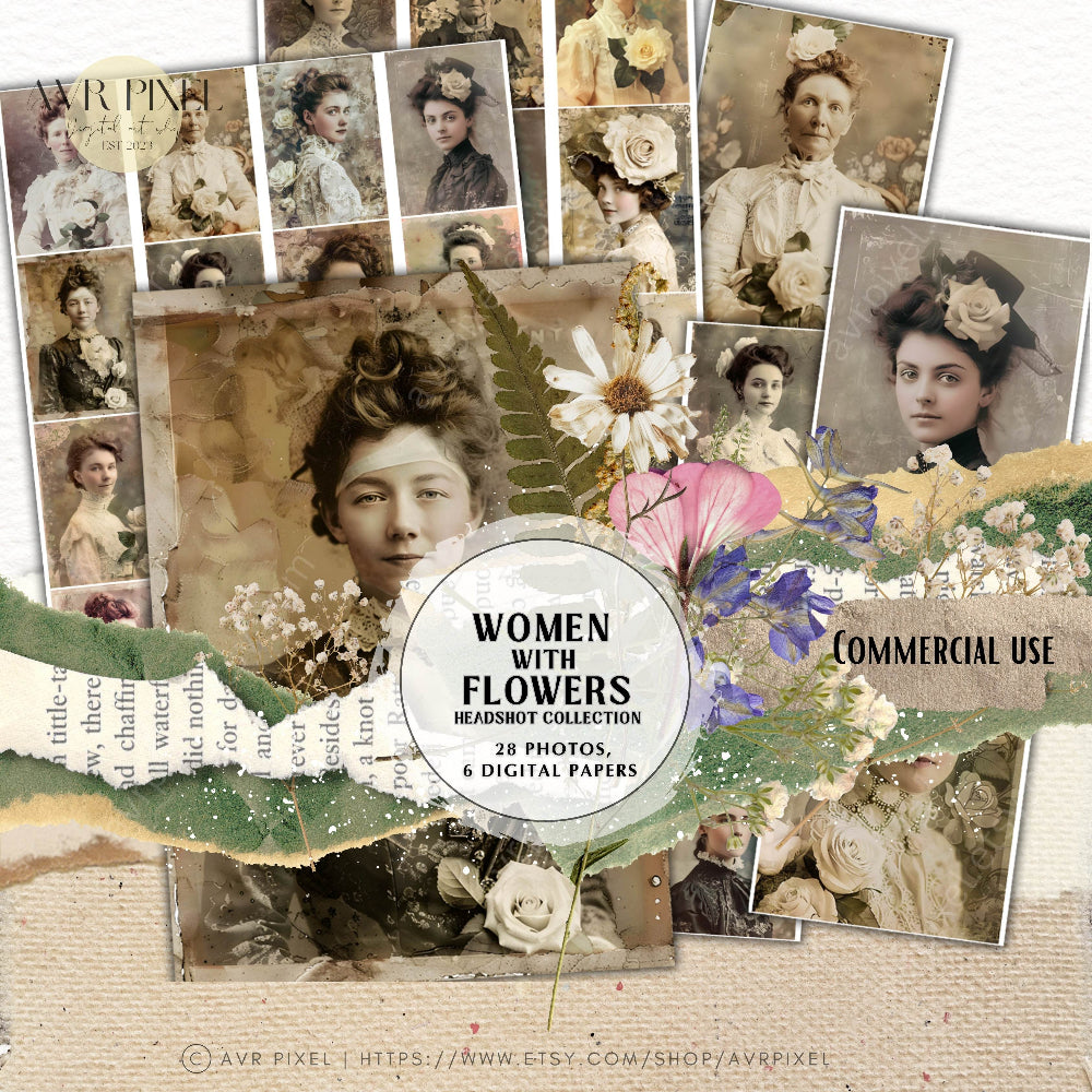 Vintage Women Headshots with Flowers | Junk Journal Ephemera Digital Kit | Commercial Use Scrapbook Supplies _ Avr pixel - Avr Pixel