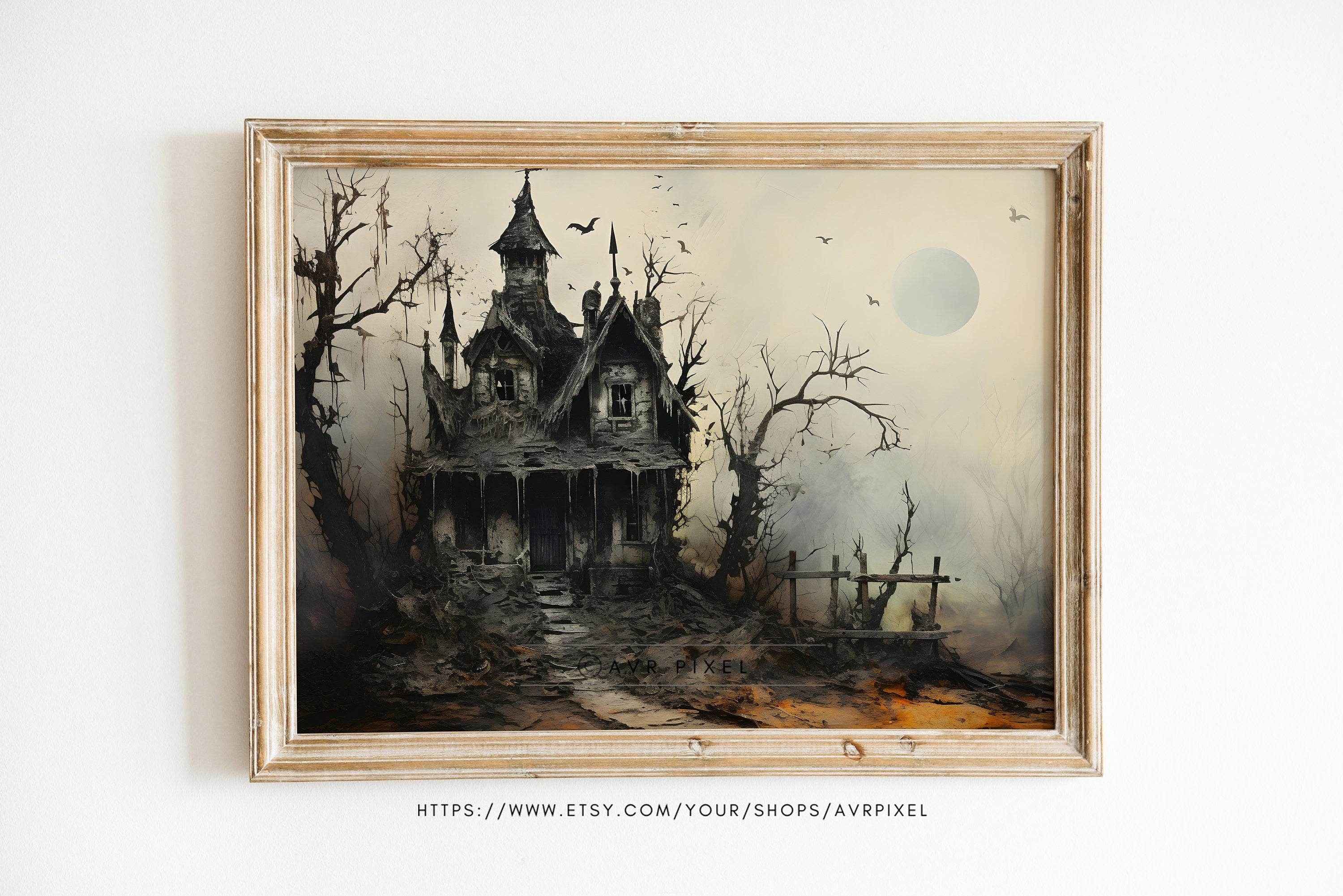 Halloween Wall Art | Haunted House  - Whimsical Spooky Decor _ Avr pixel - Avr Pixel