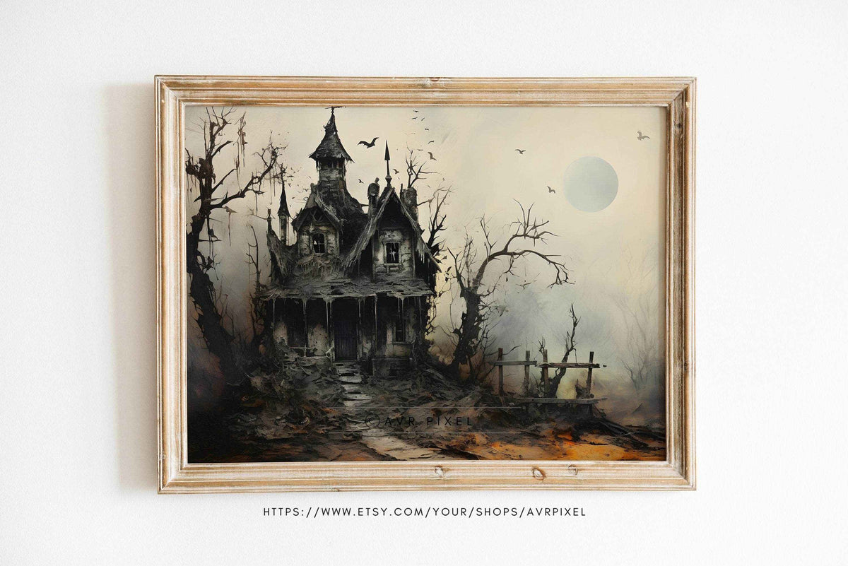 Halloween Wall Art | Haunted House  - Whimsical Spooky Decor _ Avr pixel - Avr Pixel