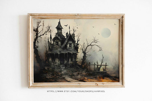 Halloween Wall Art | Haunted House  - Whimsical Spooky Decor _ Avr pixel - Avr Pixel