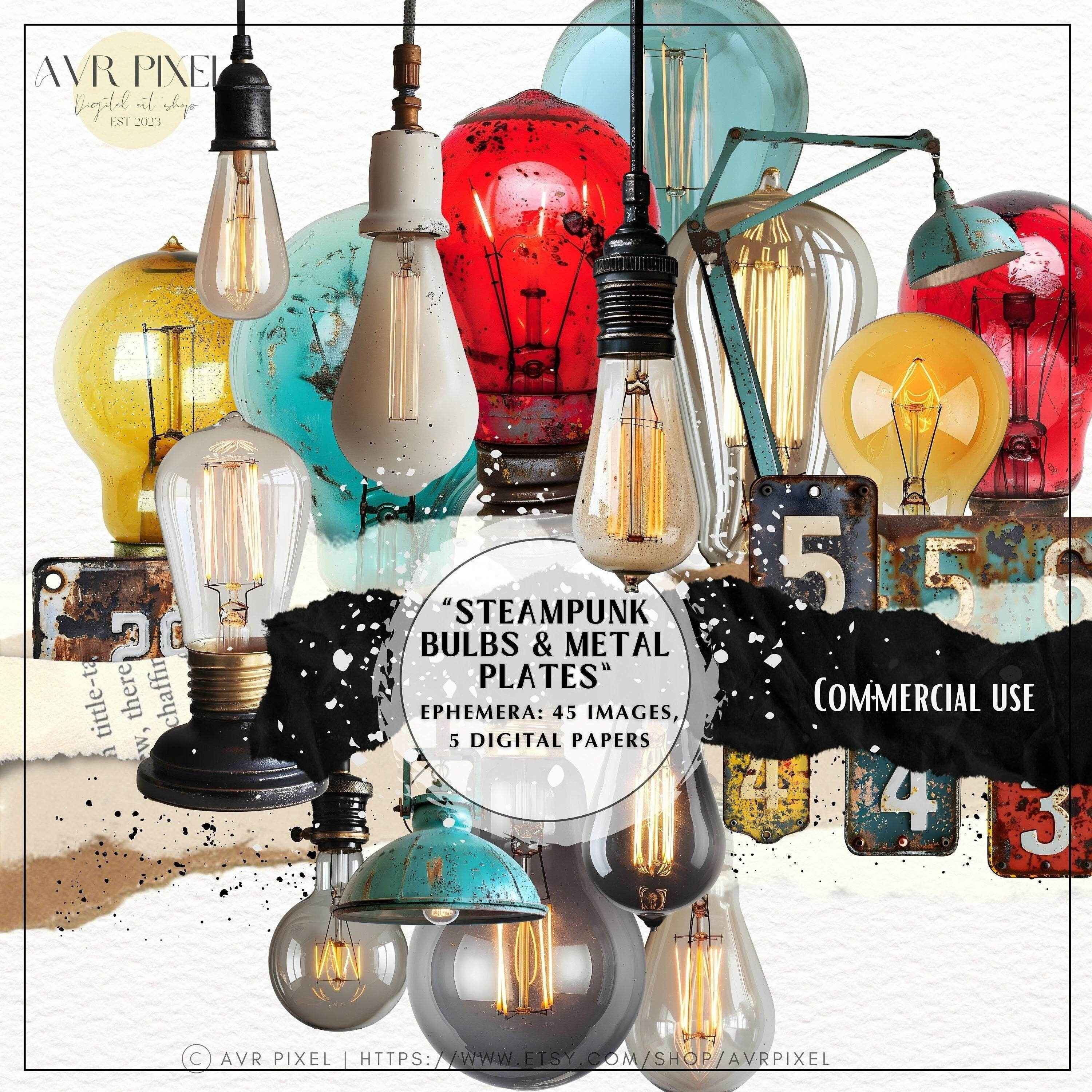 Scrapbooking Ephemera  & Junk Journal Kit | Steampunk Bulbs & Metal Plates Digital Papers | Vintage   | Commercial Use Designs JJES15SET45 _ Avr pixel - Avr Pixel
