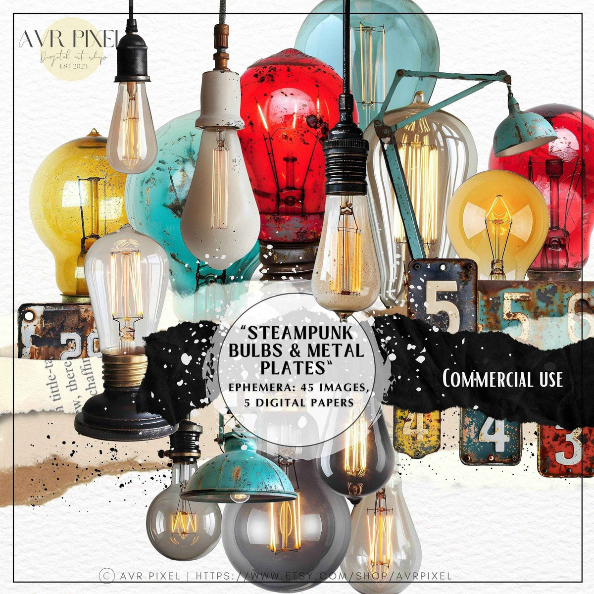 Scrapbooking Ephemera  & Junk Journal Kit | Steampunk Bulbs & Metal Plates Digital Papers | Vintage   | Commercial Use Designs JJES15SET45 _ Avr pixel - Avr Pixel