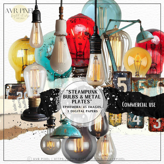 Scrapbooking Ephemera  & Junk Journal Kit | Steampunk Bulbs & Metal Plates Digital Papers | Vintage   | Commercial Use Designs JJES15SET45 _ Avr pixel - Avr Pixel