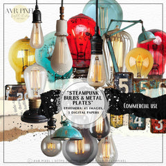 Scrapbooking Ephemera  & Junk Journal Kit | Steampunk Bulbs & Metal Plates Digital Papers | Vintage   | Commercial Use Designs JJES15SET45 _ Avr pixel - Avr Pixel