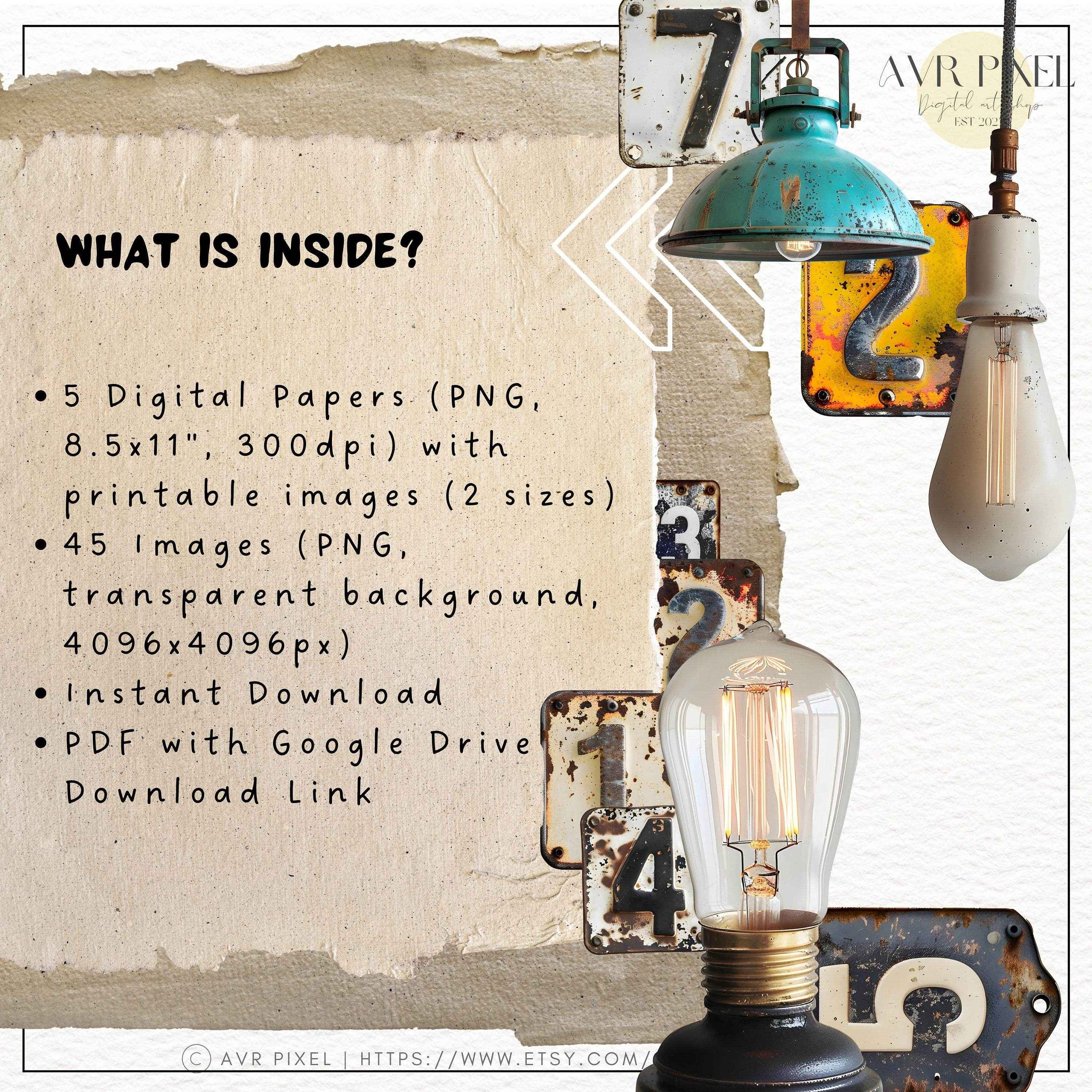 Scrapbooking Ephemera  & Junk Journal Kit | Steampunk Bulbs & Metal Plates Digital Papers | Vintage   | Commercial Use Designs JJES15SET45 _ Avr pixel - Avr Pixel