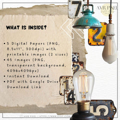 Scrapbooking Ephemera  & Junk Journal Kit | Steampunk Bulbs & Metal Plates Digital Papers | Vintage   | Commercial Use Designs JJES15SET45 _ Avr pixel - Avr Pixel