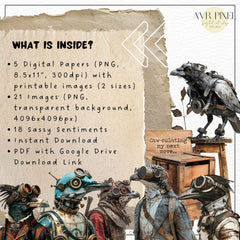 Scrapbooking Ephemera  & Junk Journal Kit | Vintage Steampunk Birds Gear Head   | Printable Papers & Grunge Art JJES9SET21 _ Avr pixel - Avr Pixel