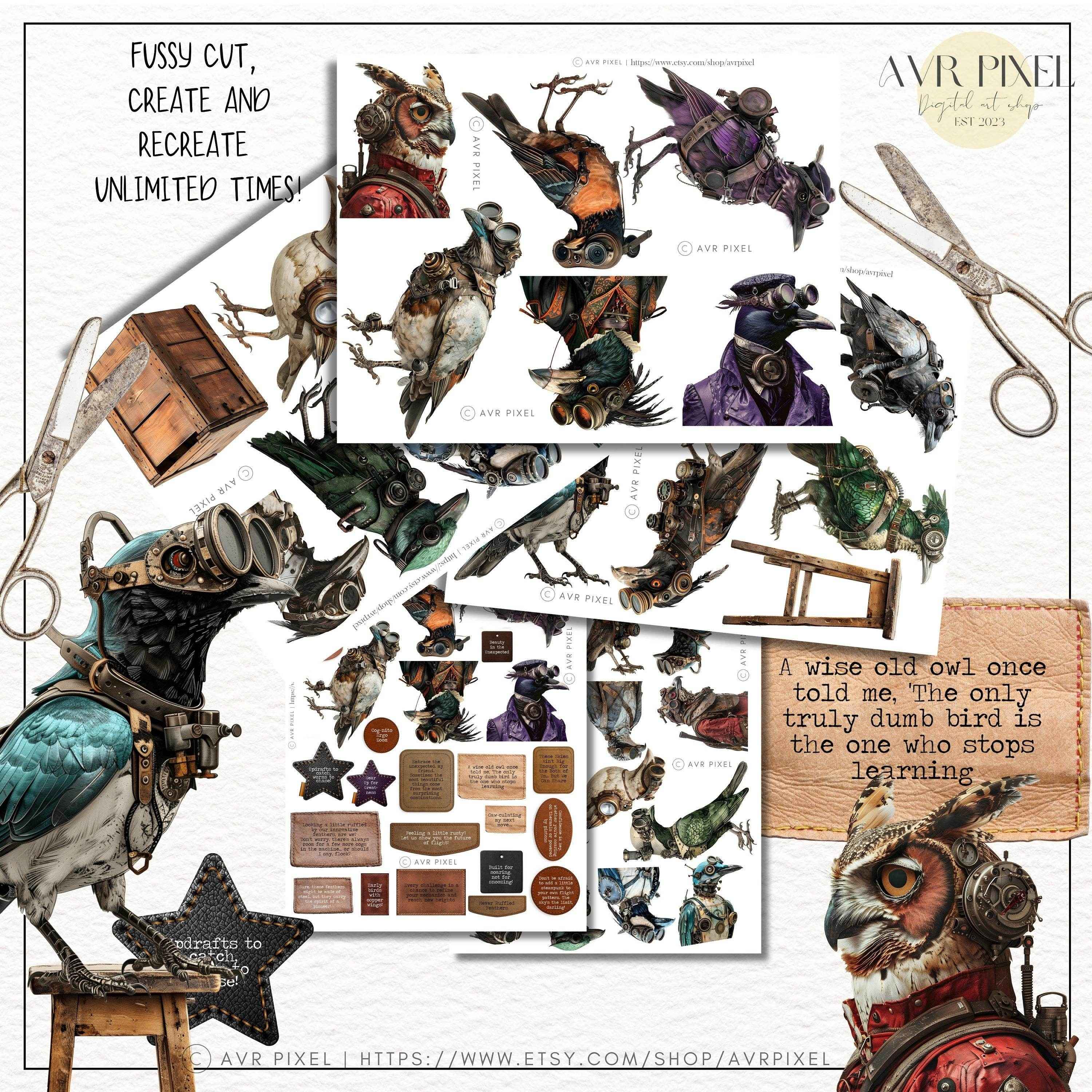 Scrapbooking Ephemera  & Junk Journal Kit | Vintage Steampunk Birds Gear Head   | Printable Papers & Grunge Art JJES9SET21 _ Avr pixel - Avr Pixel