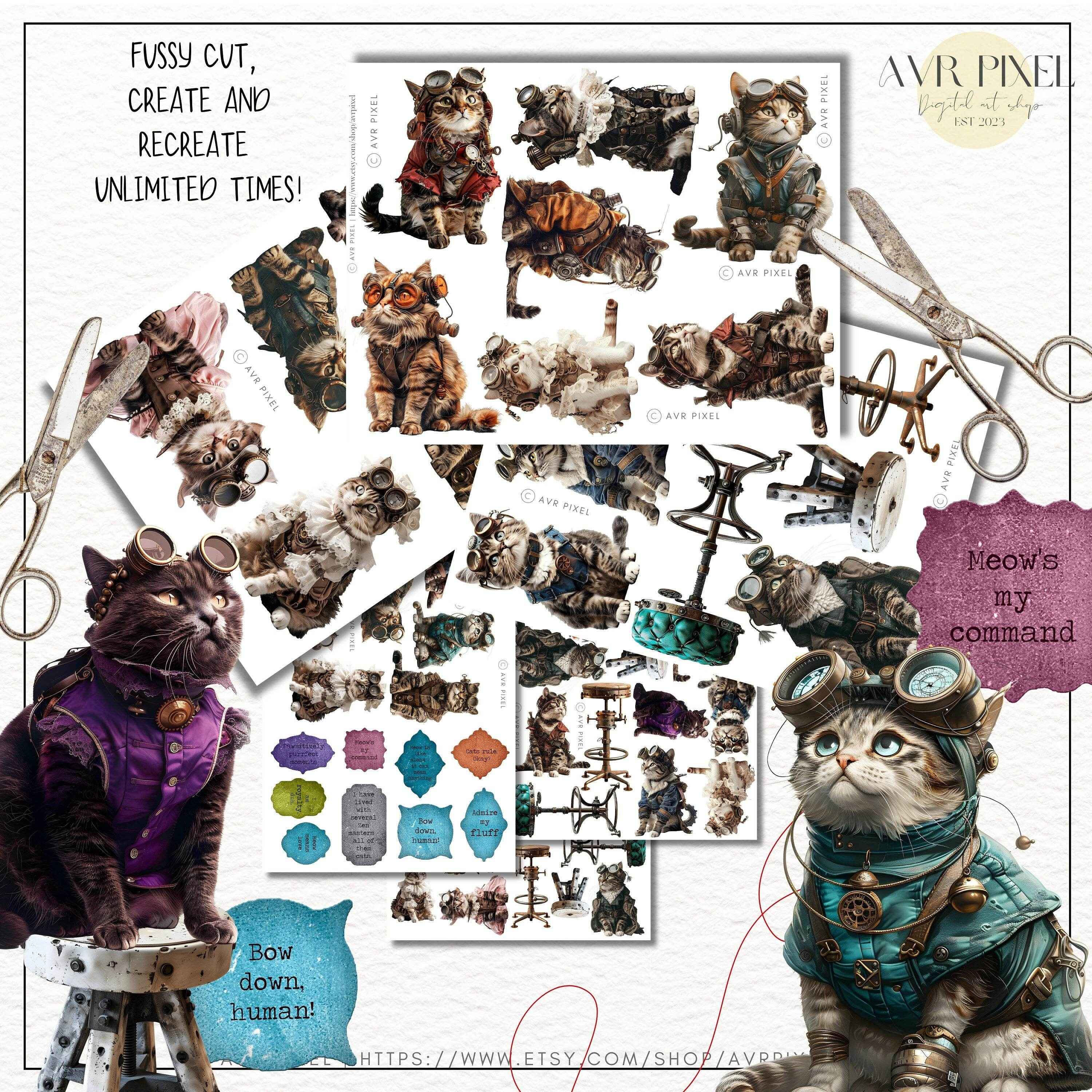 Scrapbooking Ephemera  & Junk Journal Kit | Vintage Steampunk Cats Digital Papers | Victorian  &   JJES14SET21 _ Avr pixel - Avr Pixel