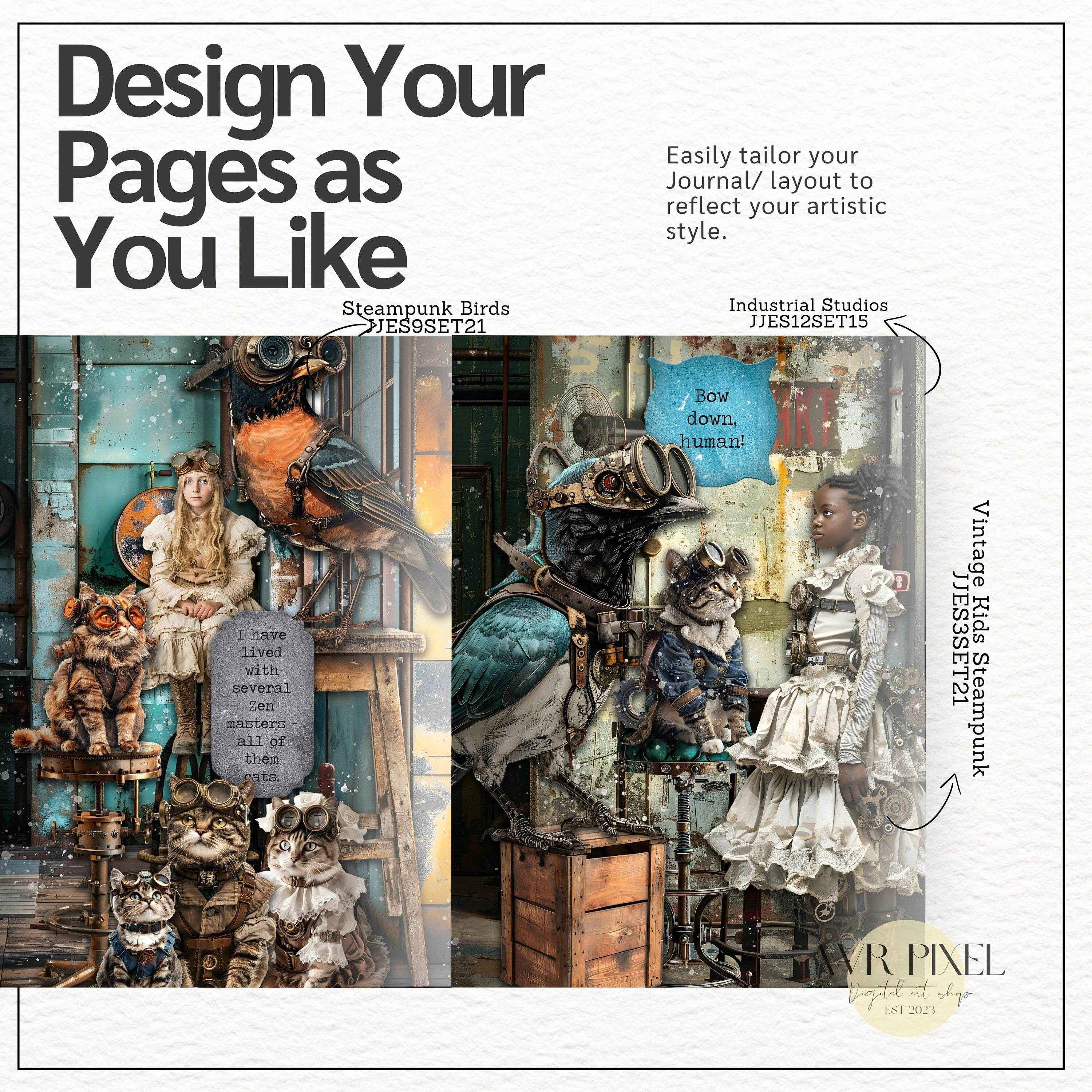 Scrapbooking Ephemera  & Junk Journal Kit | Vintage Steampunk Cats Digital Papers | Victorian  &   JJES14SET21 _ Avr pixel - Avr Pixel