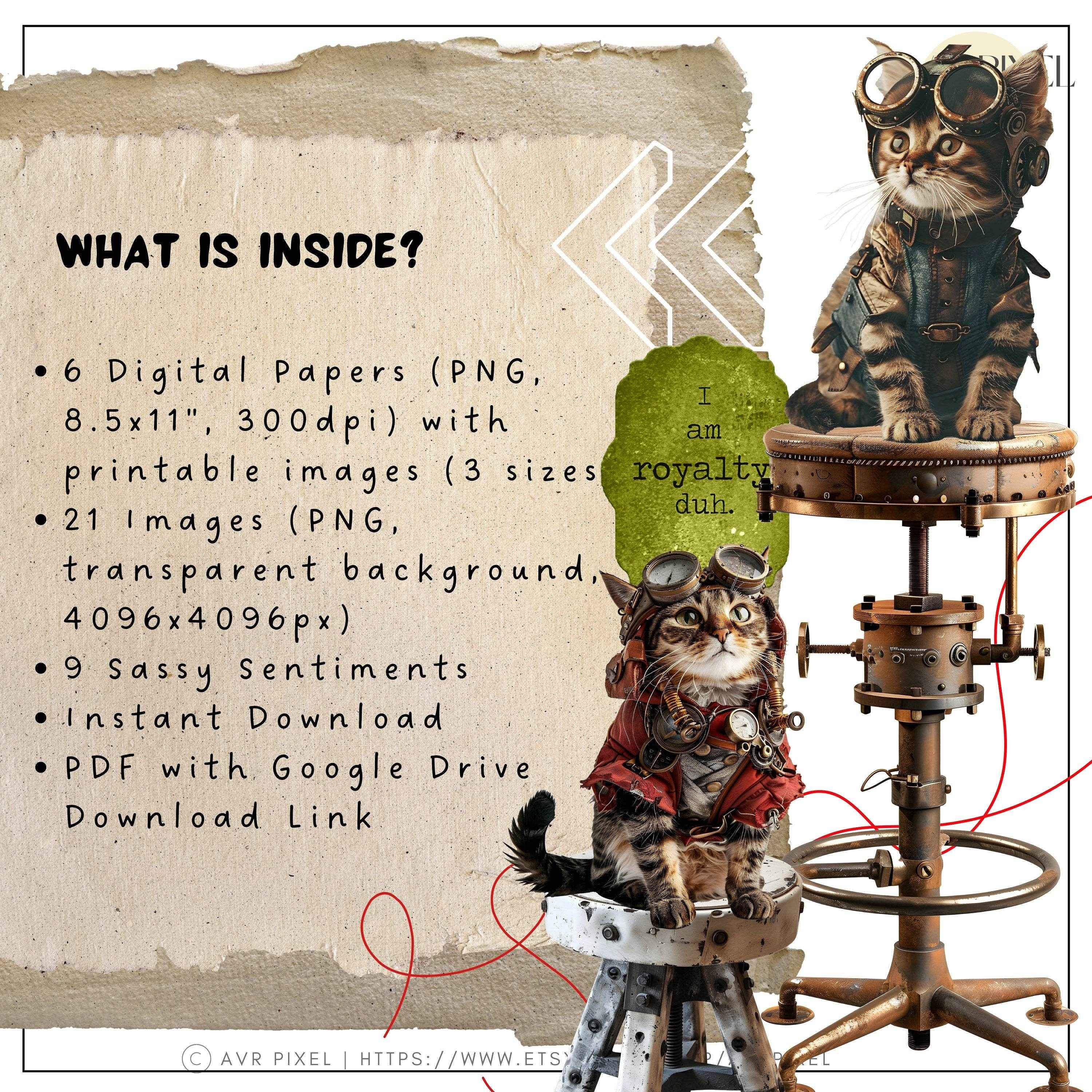Scrapbooking Ephemera  & Junk Journal Kit | Vintage Steampunk Cats Digital Papers | Victorian  &   JJES14SET21 _ Avr pixel - Avr Pixel