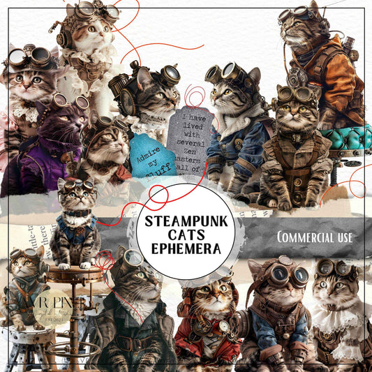 Scrapbooking Ephemera  & Junk Journal Kit | Vintage Steampunk Cats Digital Papers | Victorian  &   JJES14SET21 _ Avr pixel - Avr Pixel