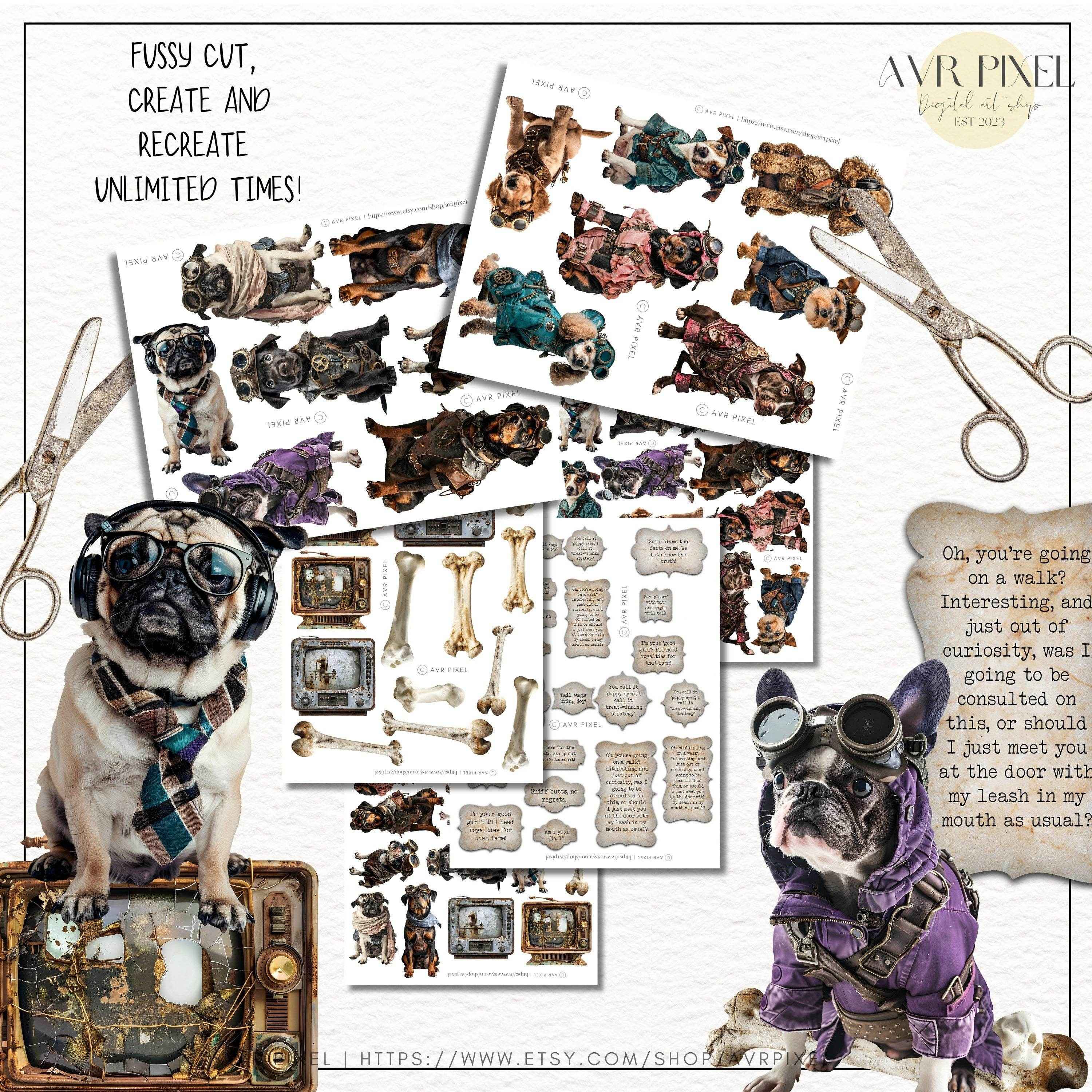 Scrapbooking Ephemera  & Junk Journal Kit | Steampunk Dogs  Set | Victorian Digital Papers |  & Collage Sheets JJES13SET21 _ Avr pixel - Avr Pixel