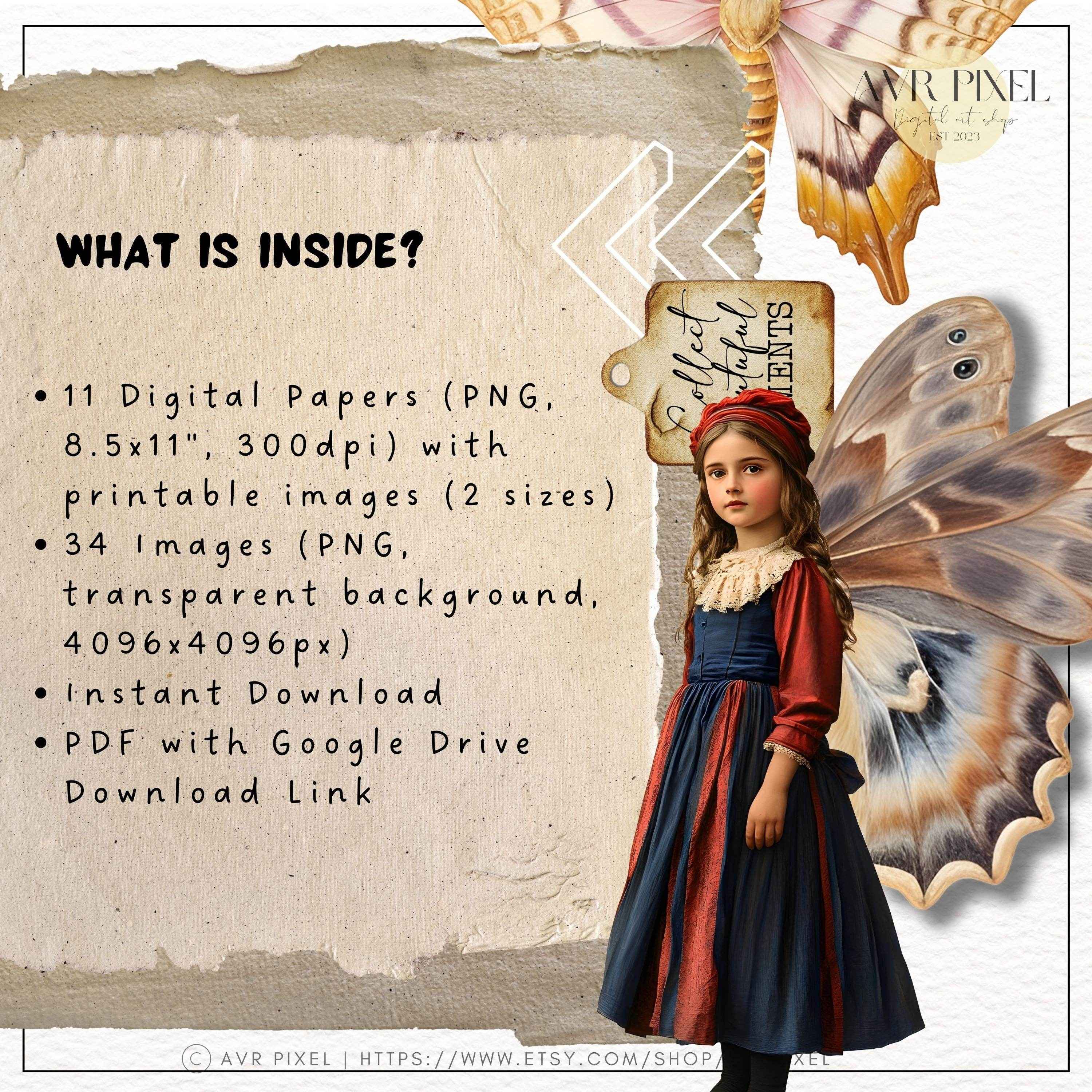 Scrapbooking Ephemera  & Junk Journal Kit | Vintage Butterfly   | Fairy  Printables for  Retro Crafts  Clip Art  Instant Download  JJES28S34 _ Avr pixel - Avr Pixel