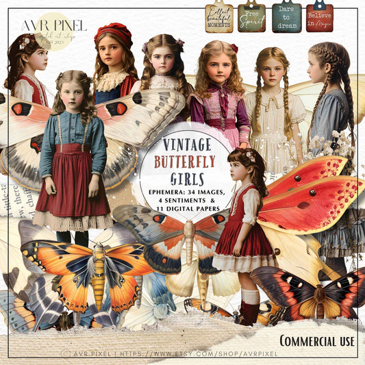 Scrapbooking Ephemera  & Junk Journal Kit | Vintage Butterfly   | Fairy  Printables for  Retro Crafts  Clip Art  Instant Download  JJES28S34 _ Avr pixel - Avr Pixel