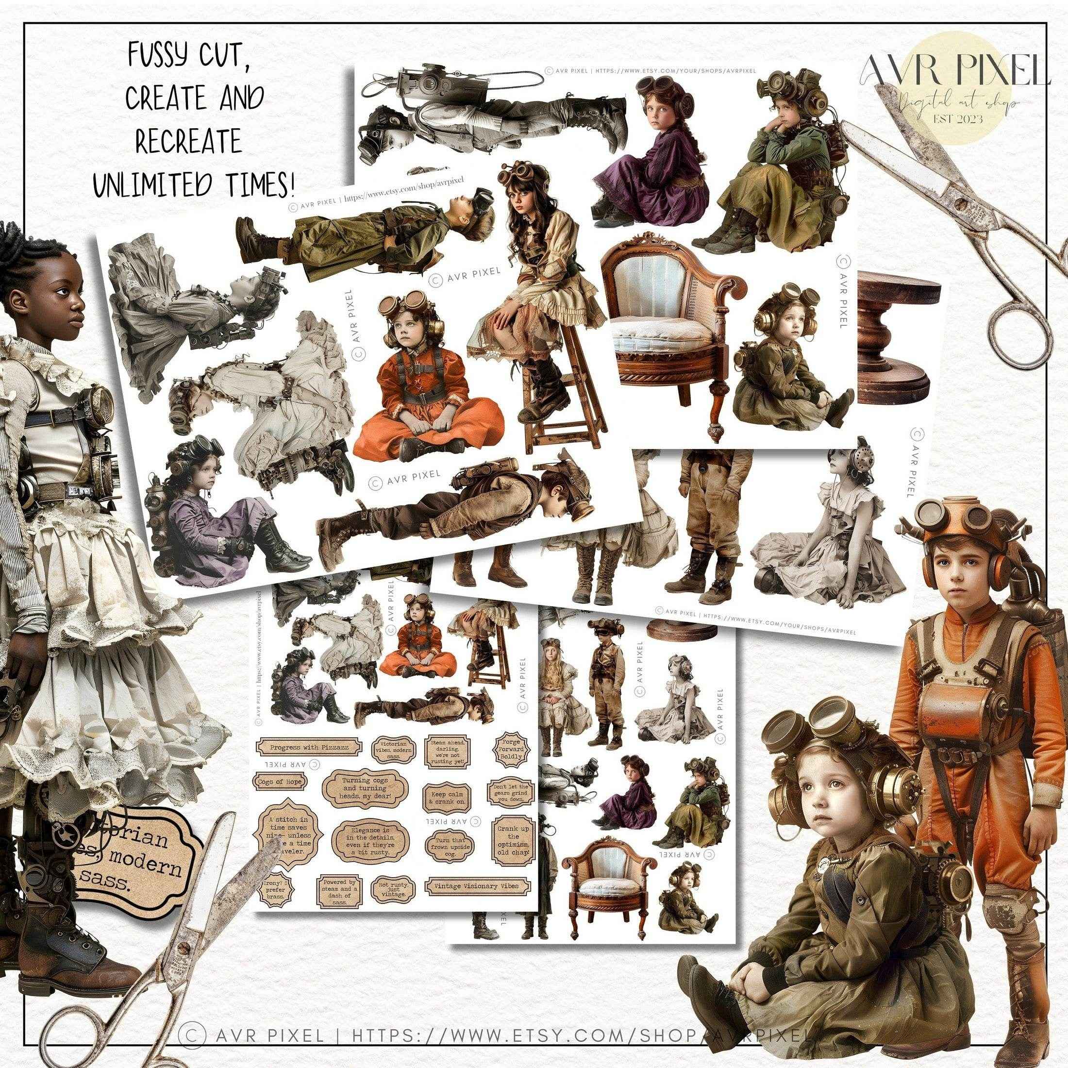 Scrapbooking Ephemera Kit | Vintage Steampunk Kids Digital Art & Crafts | Gears Head JJES3SET21 _ Avr pixel - Avr Pixel