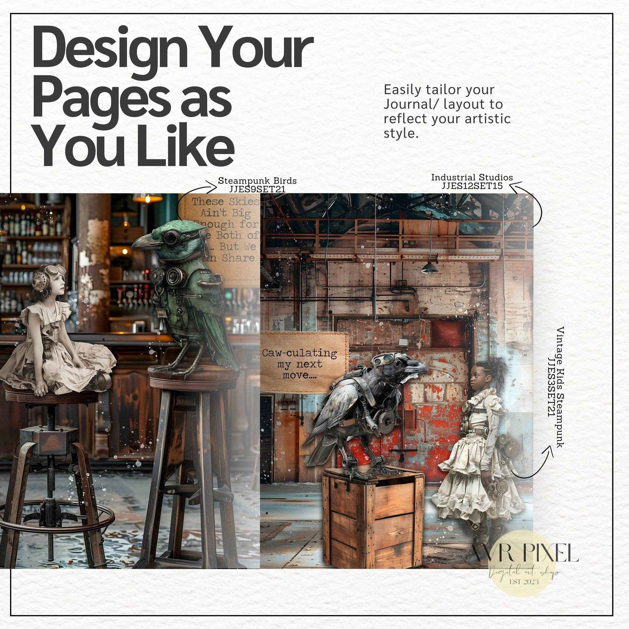 Scrapbooking Ephemera Kit | Vintage Steampunk Kids Digital Art & Crafts | Gears Head JJES3SET21 _ Avr pixel - Avr Pixel