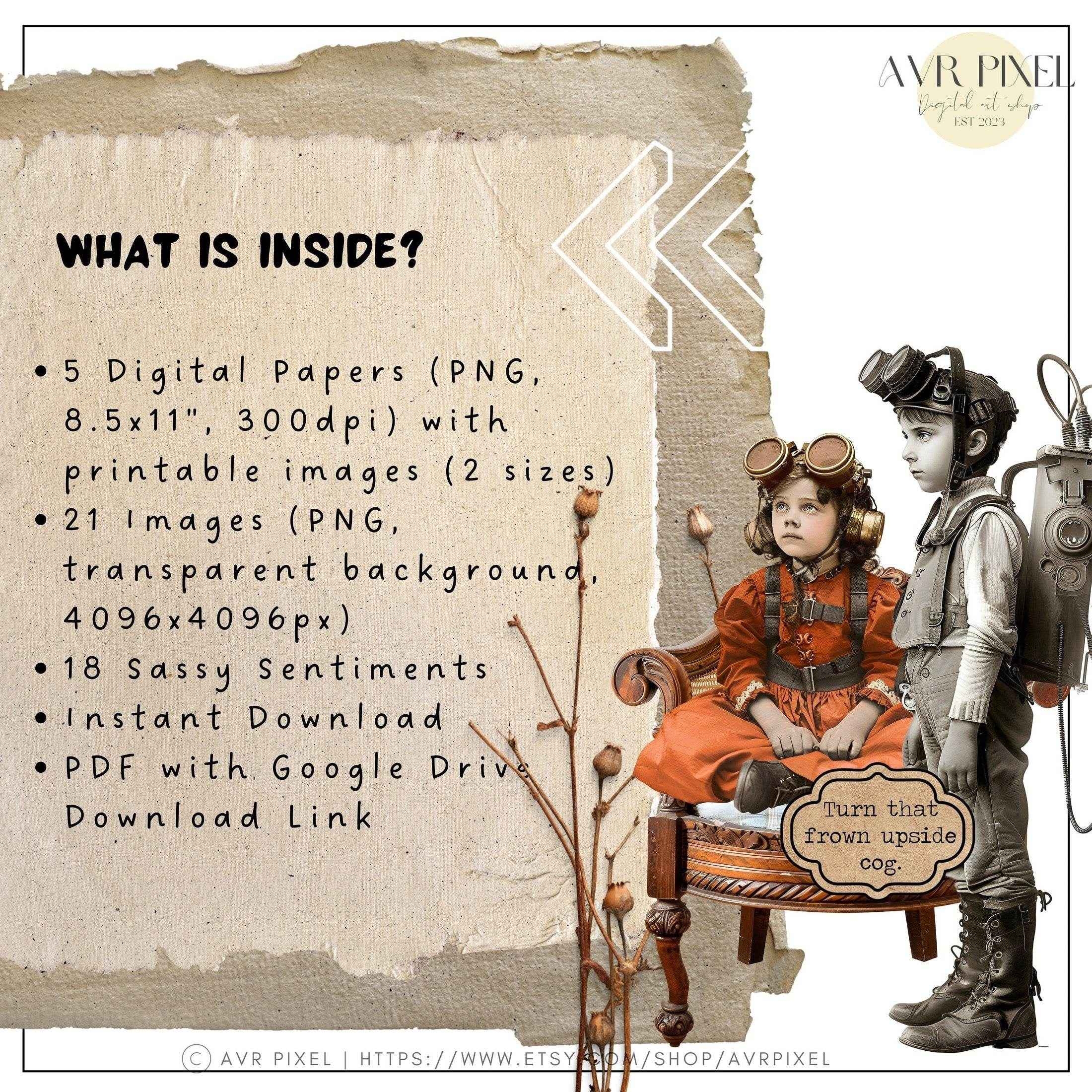Scrapbooking Ephemera Kit | Vintage Steampunk Kids Digital Art & Crafts | Gears Head JJES3SET21 _ Avr pixel - Avr Pixel