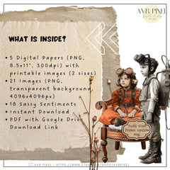 Scrapbooking Ephemera Kit | Vintage Steampunk Kids Digital Art & Crafts | Gears Head JJES3SET21 _ Avr pixel - Avr Pixel