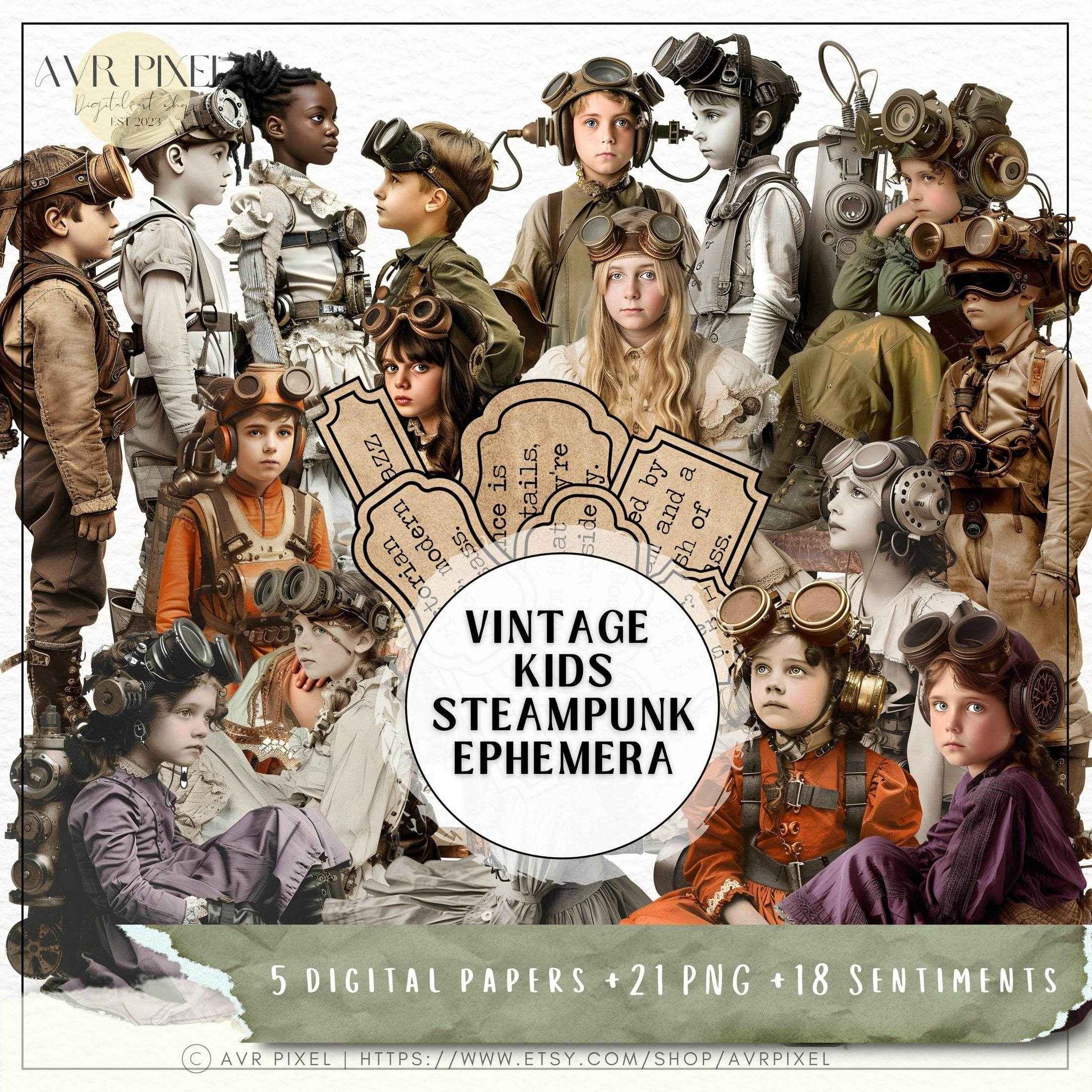 Scrapbooking Ephemera Kit | Vintage Steampunk Kids Digital Art & Crafts | Gears Head JJES3SET21 _ Avr pixel - Avr Pixel