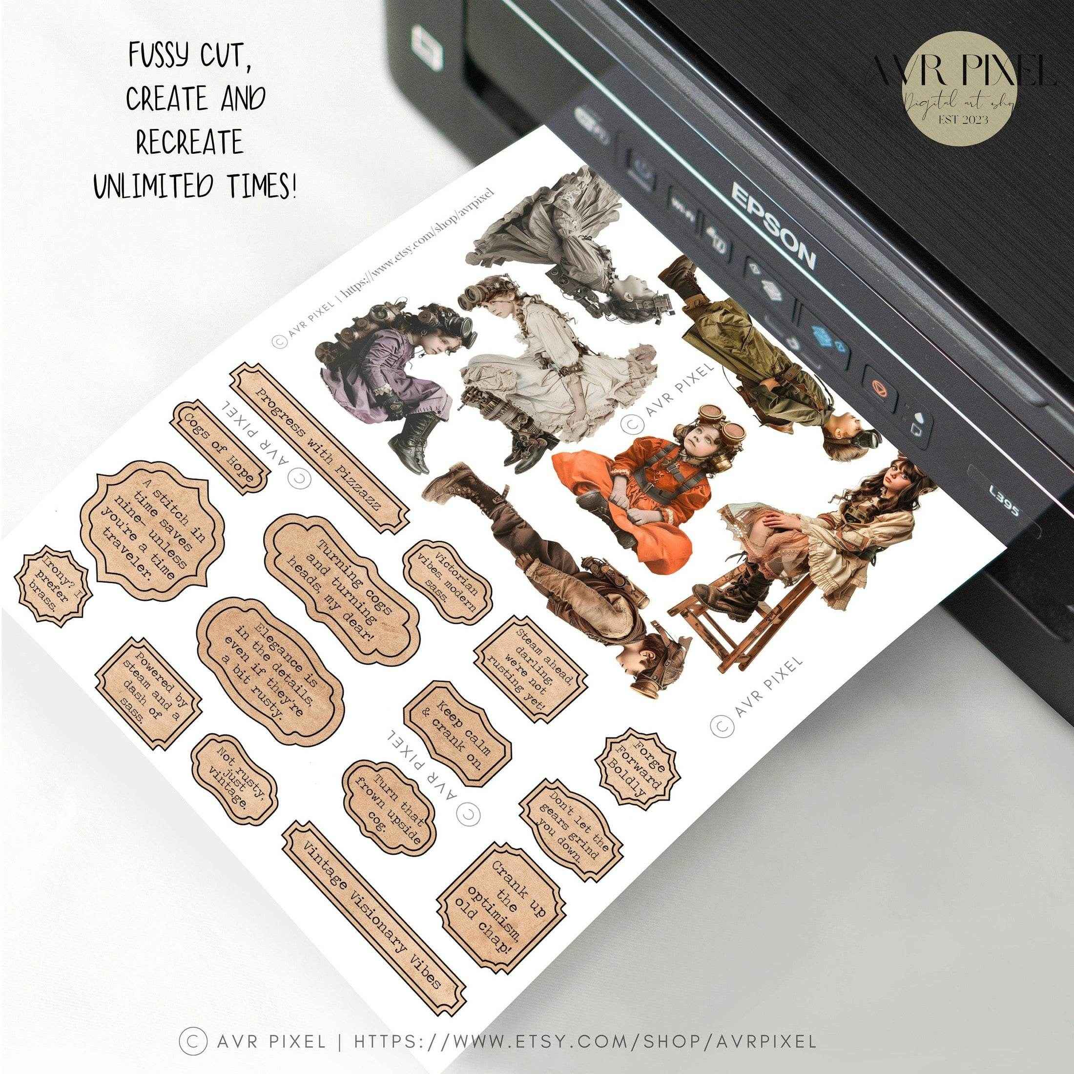 Scrapbooking Ephemera Kit | Vintage Steampunk Kids Digital Art & Crafts | Gears Head JJES3SET21 _ Avr pixel - Avr Pixel