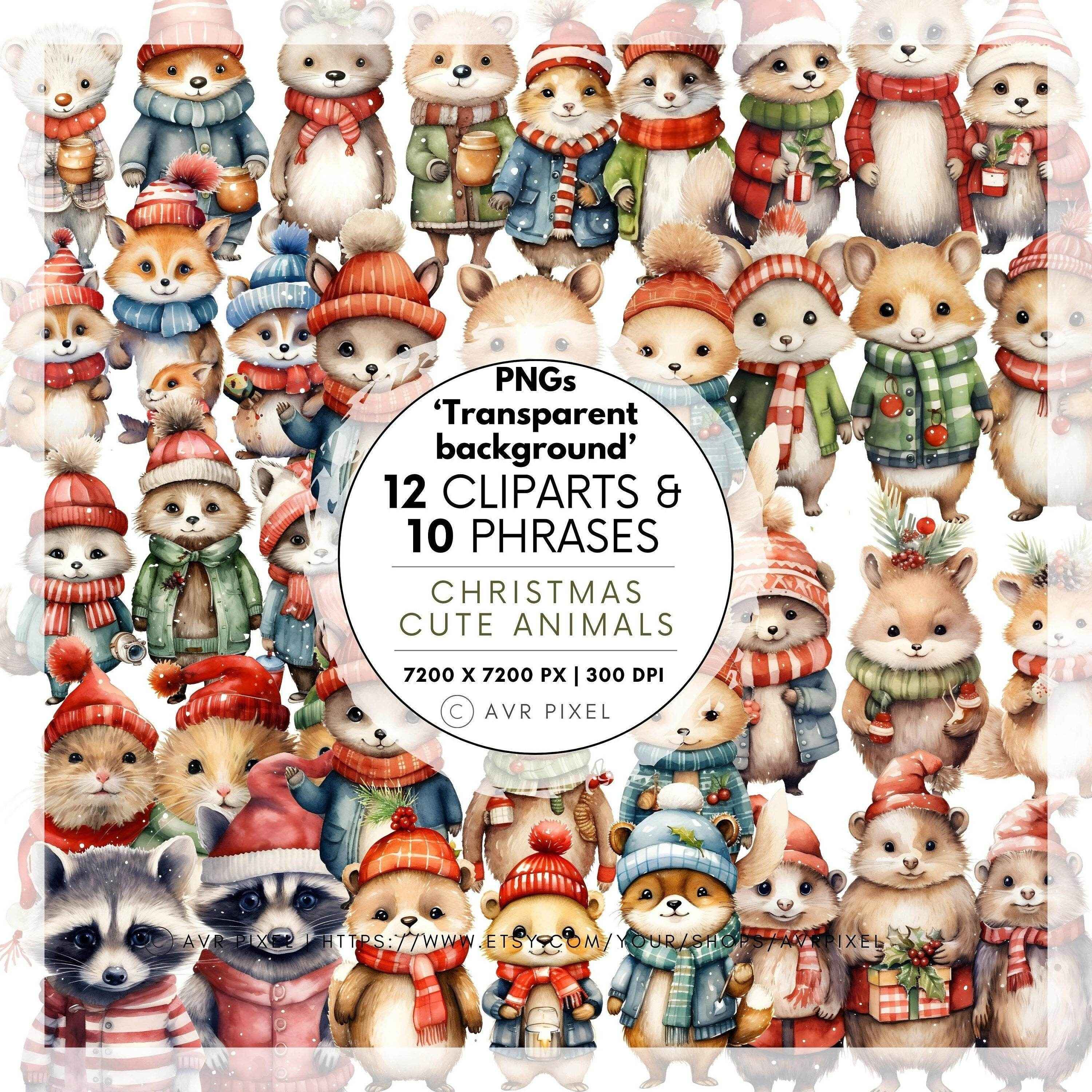 Christmas Animal Clipart Set - 12 PNGs and 10 Watercolor Phrases for Crafting and Scrapbooking - Avr Pixel