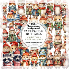 Christmas Animal Clipart Set - 12 PNGs and 10 Watercolor Phrases for Crafting and Scrapbooking - Avr Pixel