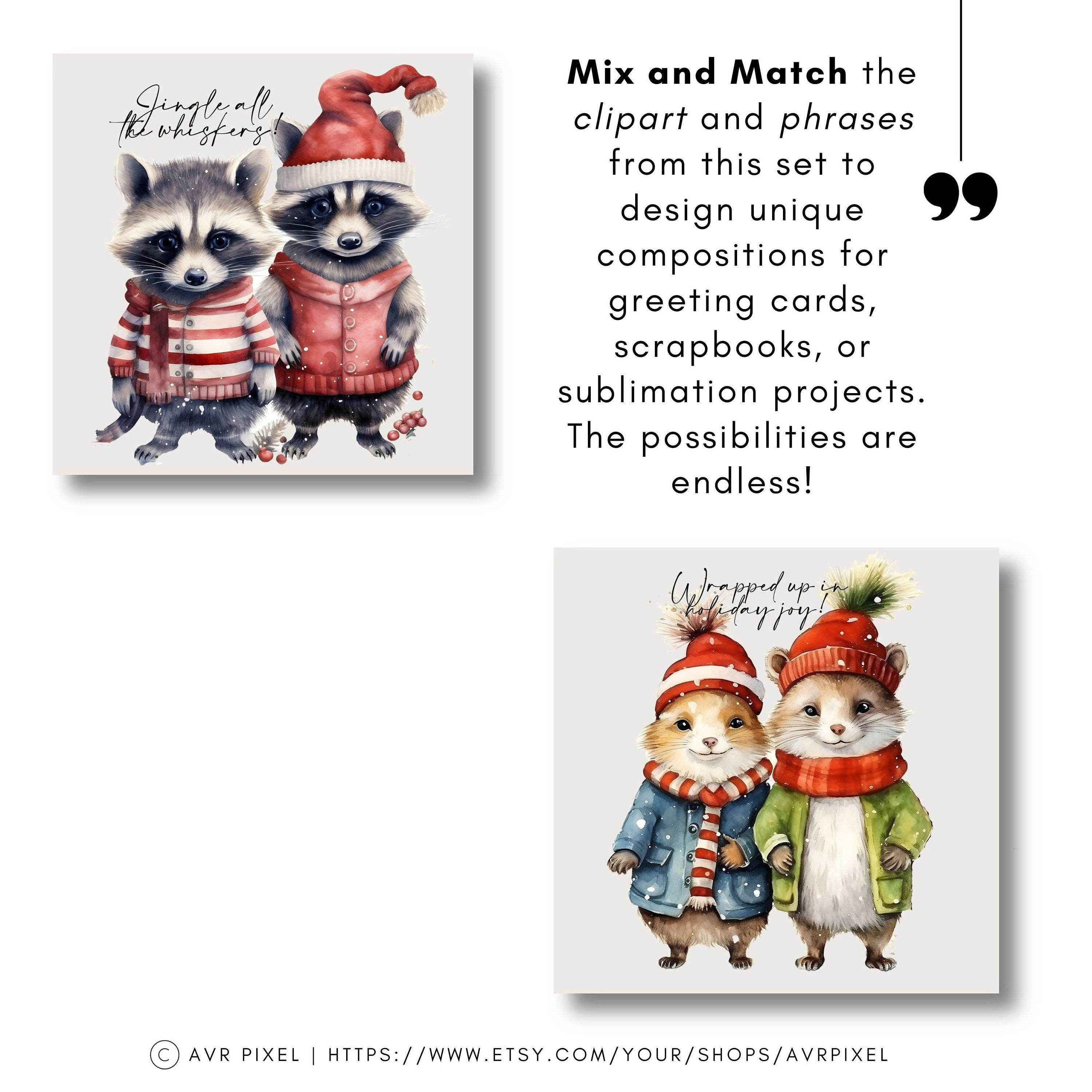 Christmas Animal Clipart Set - 12 PNGs and 10 Watercolor Phrases for Crafting and Scrapbooking - Avr Pixel
