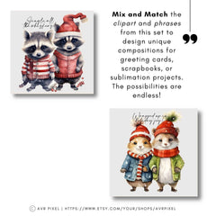 Christmas Animal Clipart Set - 12 PNGs and 10 Watercolor Phrases for Crafting and Scrapbooking - Avr Pixel