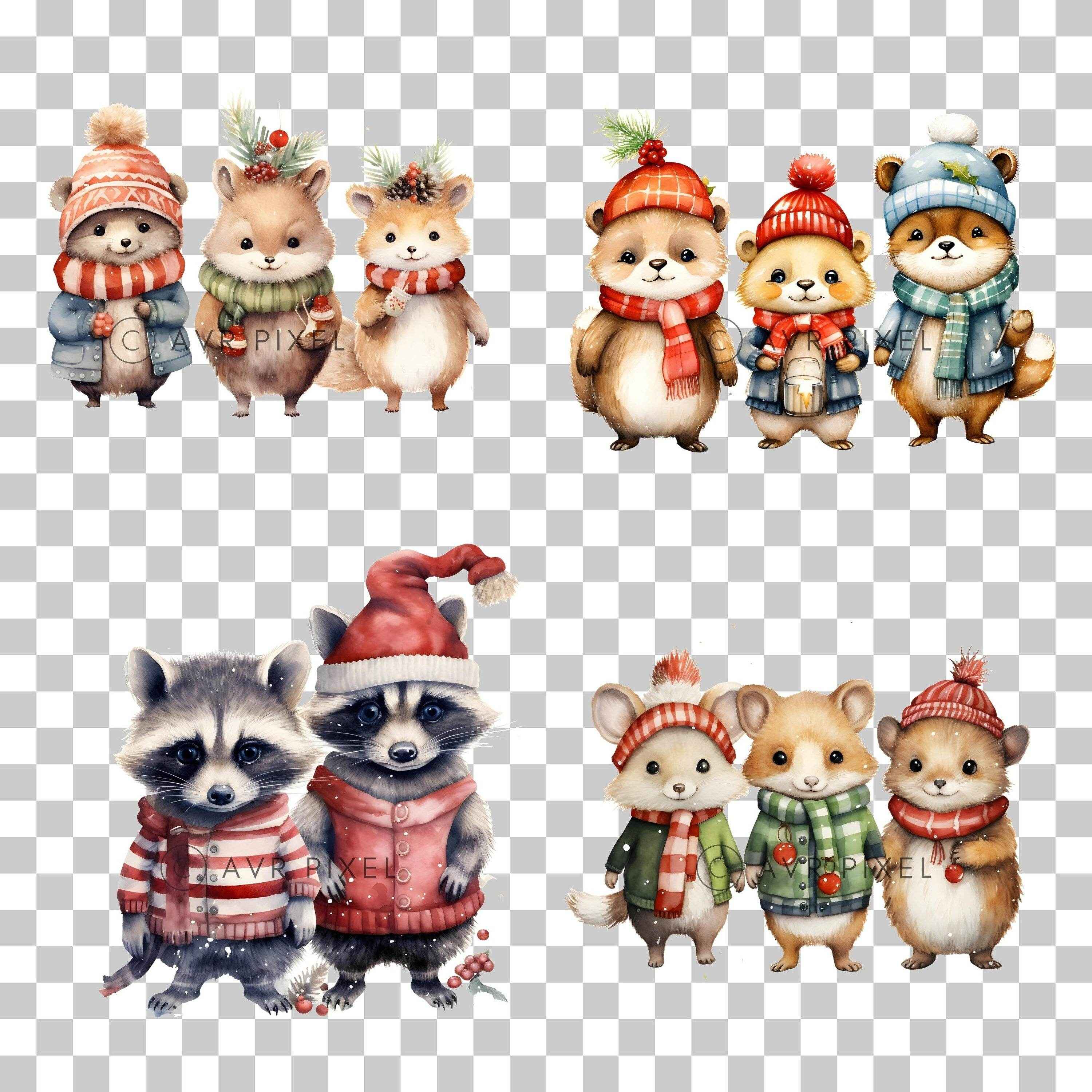 Christmas Animal Clipart Set - 12 PNGs and 10 Watercolor Phrases for Crafting and Scrapbooking - Avr Pixel