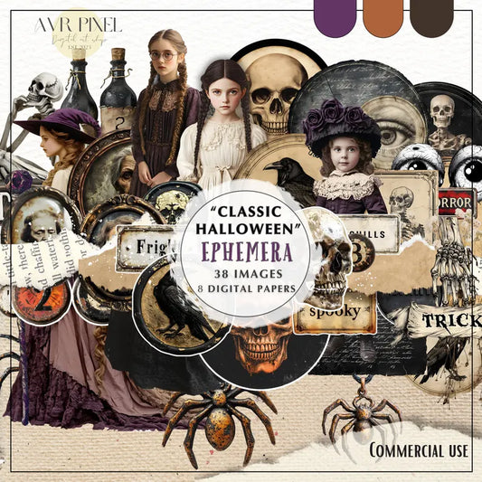 A collection of vintage-style Halloween-themed digital art including images of ghosts, a skull, and spiders with a central text overlay reading 'CLASSIC HALLOWEEN EPEMERA 38 IMAGES & 6 DIGITAL PAPERS'.