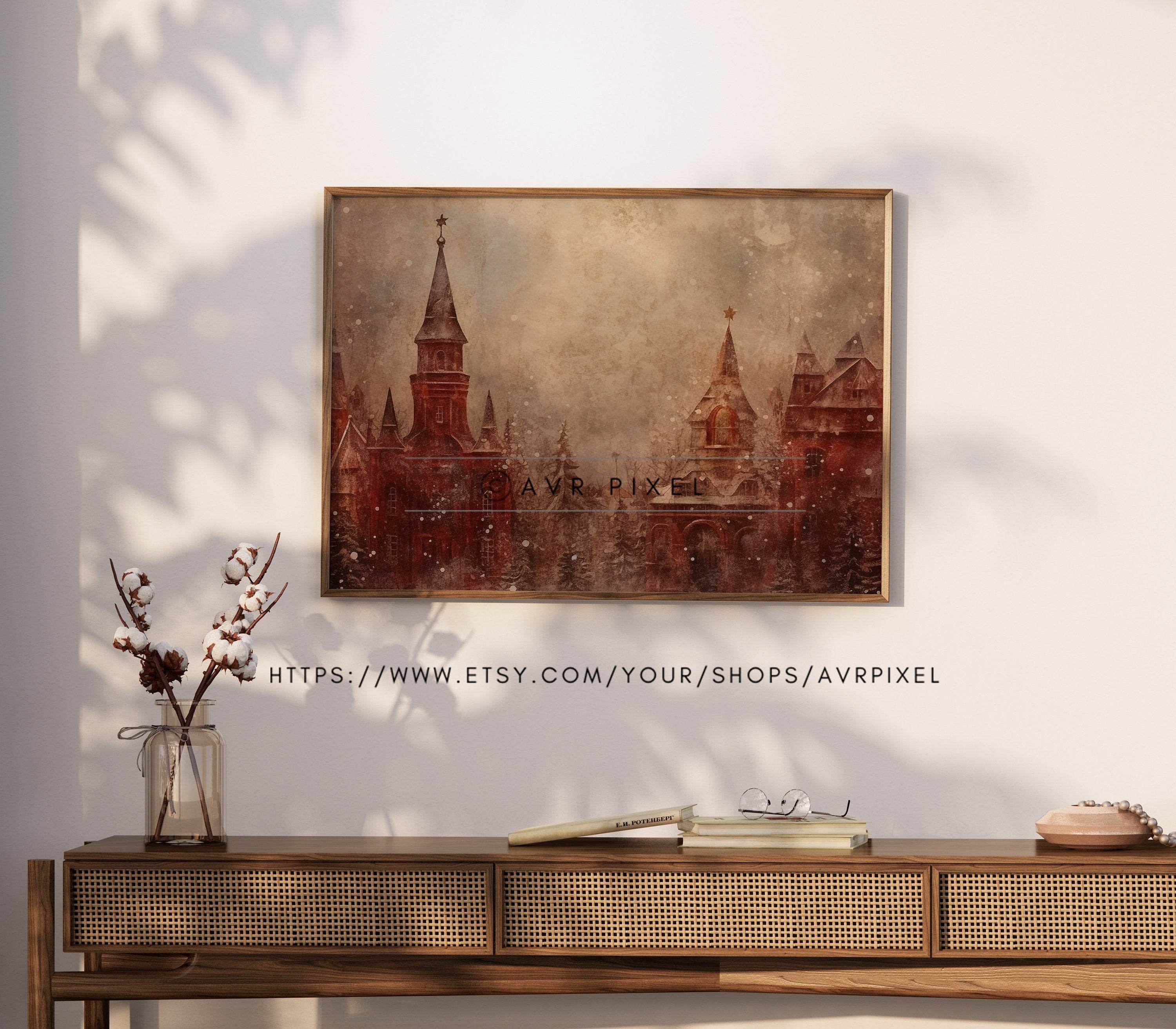 Christmas Wall Art | Winter Scene Print - Festive Red Brick Church _ Avr pixel - Avr Pixel