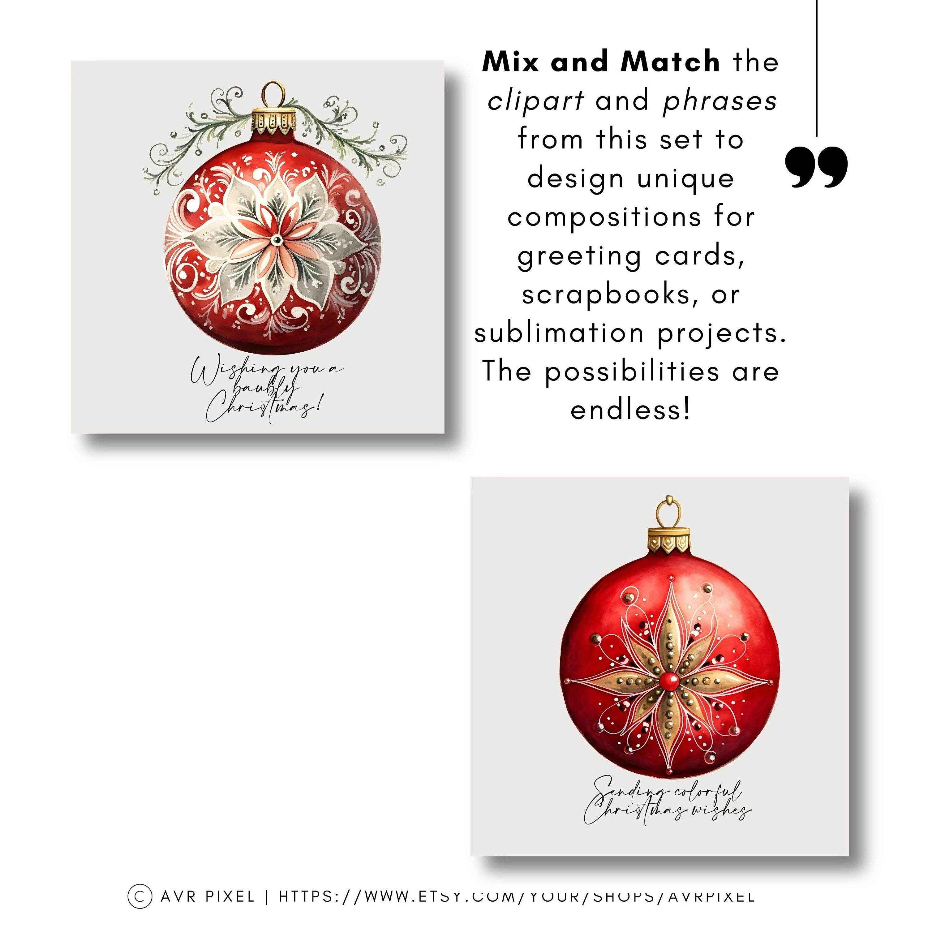Christmas Bauble Clipart PNG - 12 Ornaments  10 Holiday Phrases for Scrapbooking  Decor _ Avr pixel - Avr Pixel