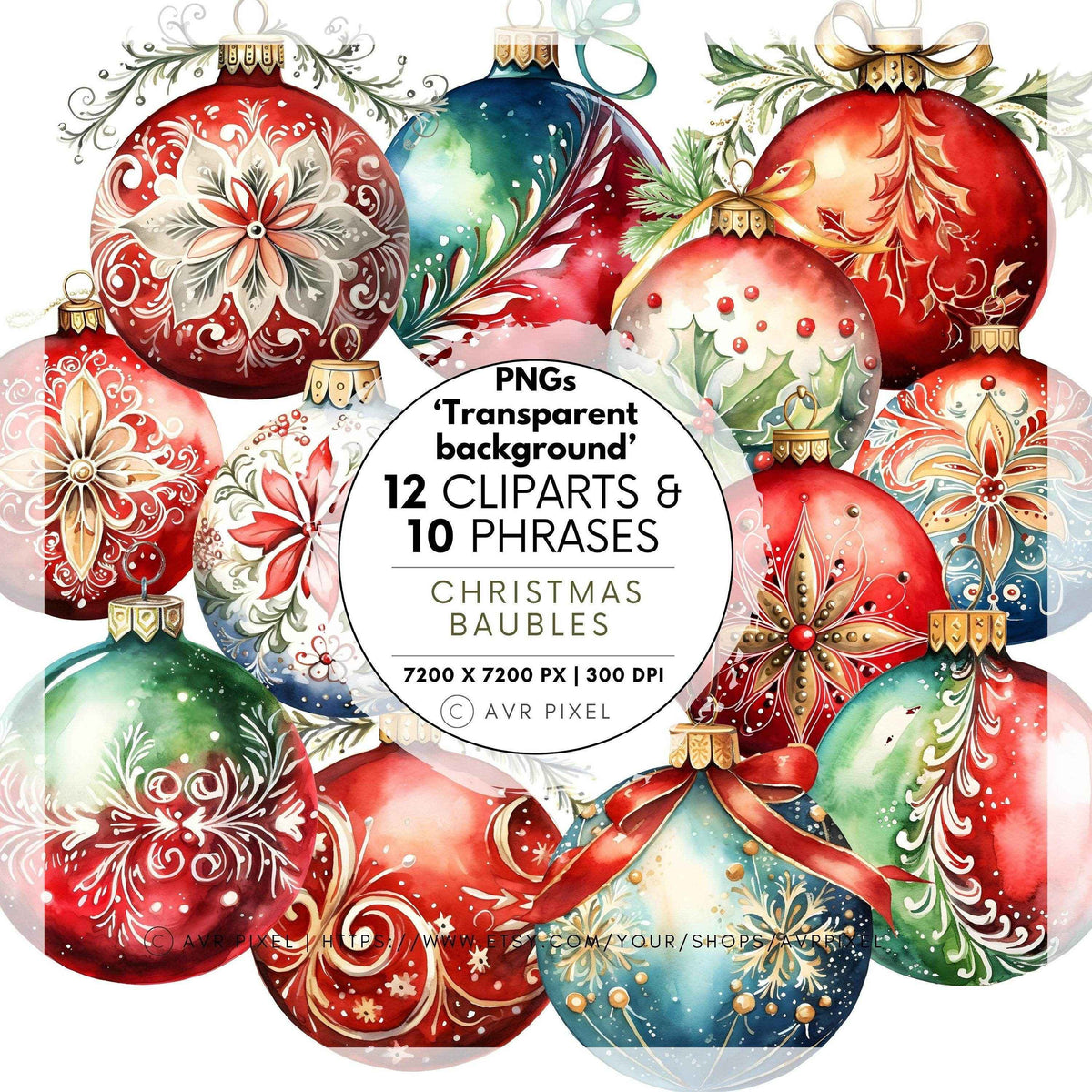 Christmas Bauble Clipart PNG - 12 Ornaments  10 Holiday Phrases for Scrapbooking  Decor _ Avr pixel - Avr Pixel