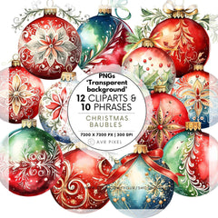 Christmas Bauble Clipart PNG - 12 Ornaments  10 Holiday Phrases for Scrapbooking  Decor _ Avr pixel - Avr Pixel
