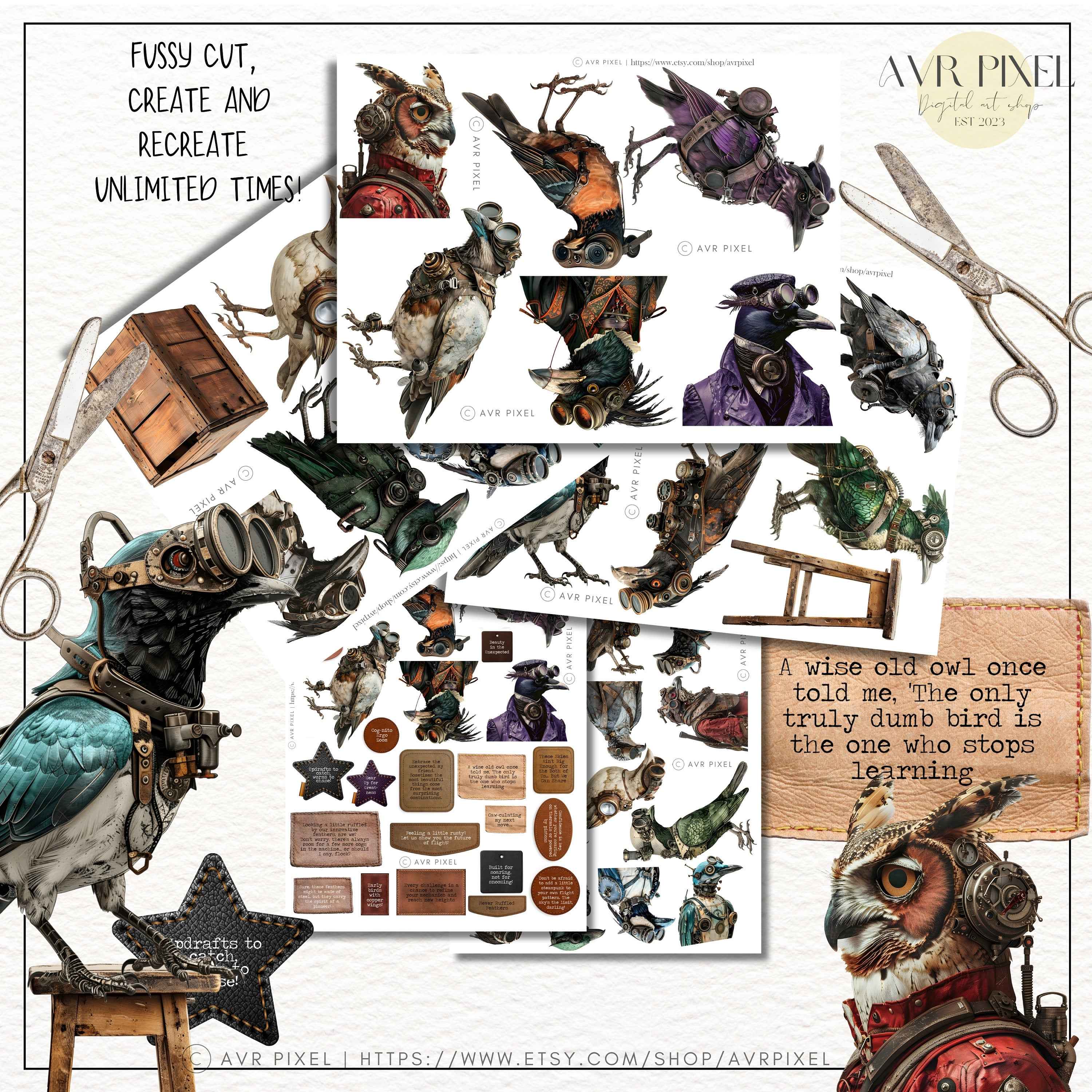 Vintage Steampunk Birds Gear Head Ephemera Kit | Printable Papers & Grunge Art (PDF Download)