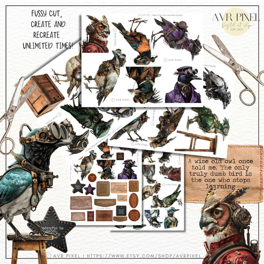 Vintage Steampunk Birds Gear Head Ephemera Kit | Printable Papers & Grunge Art (PDF Download)