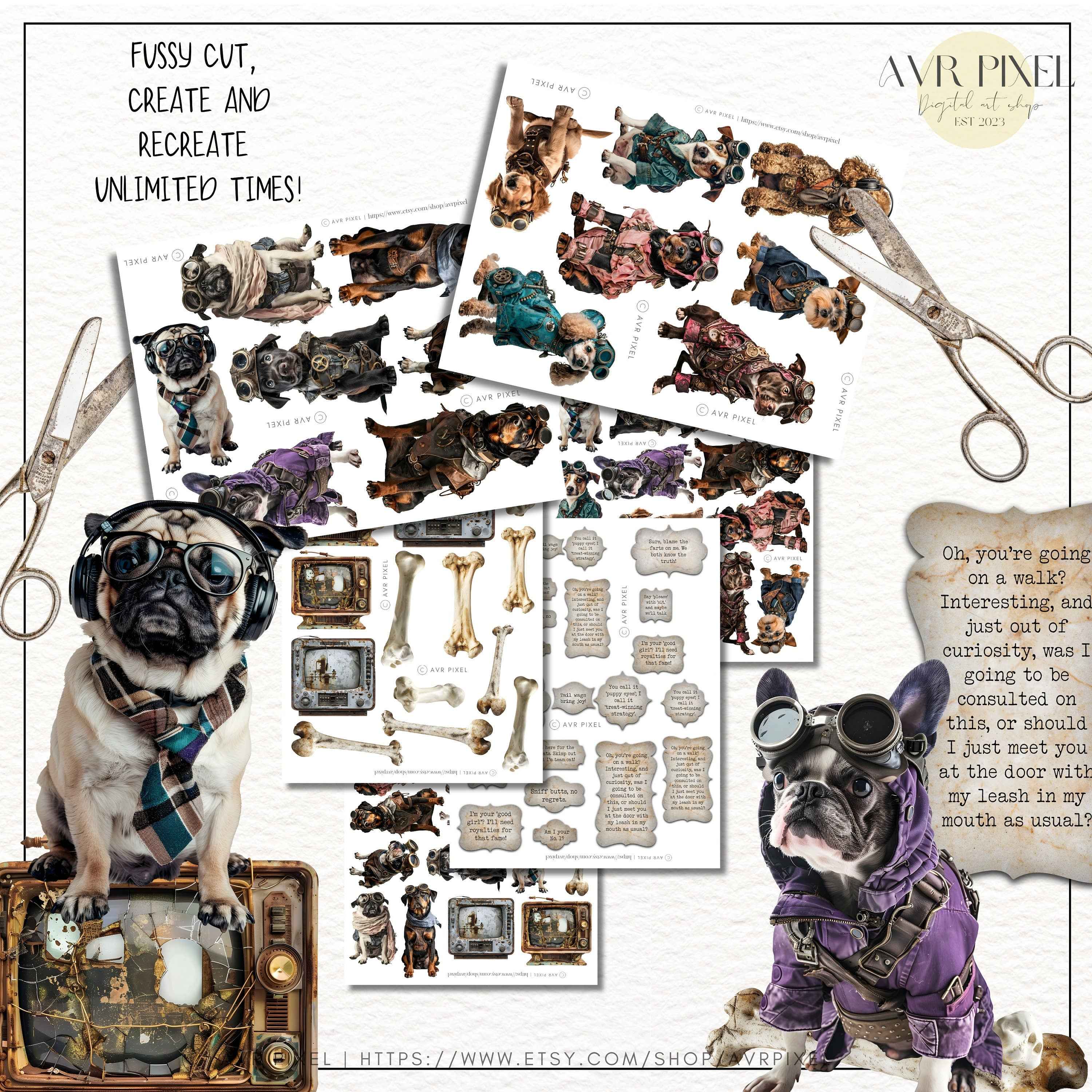 Steampunk Dogs Ephemera Set: Vintage Junk Journal Kit (PDF Download)_JJES13SET21