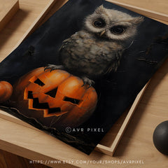 Halloween Wall Art | Whimsical  Owl  - Festive Pumpkin Decor _ Avr pixel - Avr Pixel