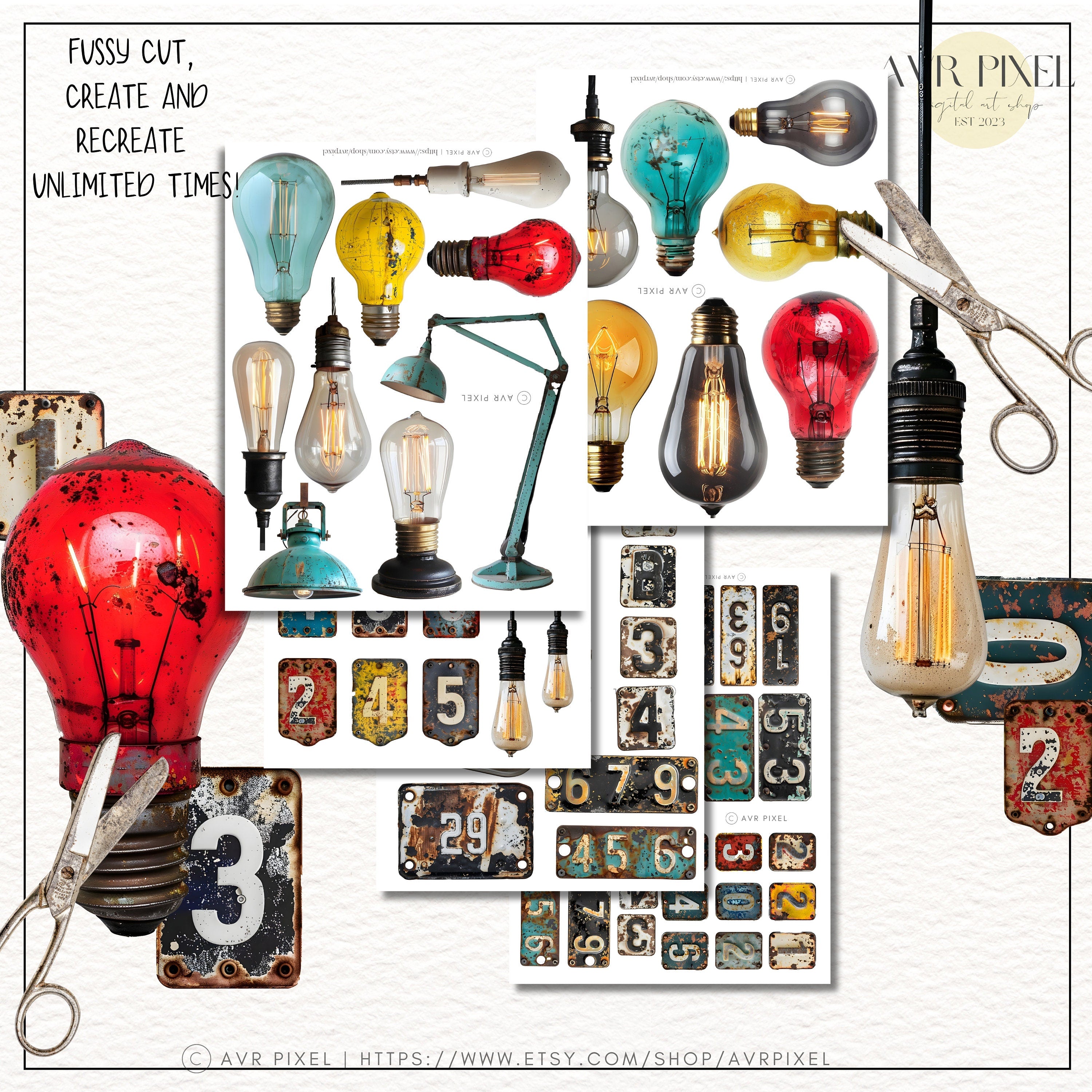 45 Steampunk Bulbs & Metal Plates, Vintage Digital Papers for Junk Journals, DIY Crafts and Scrapbooking