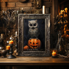 Halloween Wall Art | Whimsical  Owl  - Festive Pumpkin Decor _ Avr pixel - Avr Pixel