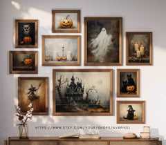 Halloween Wall Art Prints Set - 10 Spooky Prints of Ghosts, Witches, and Haunted Houses by Avr Pixel - Avr Pixel