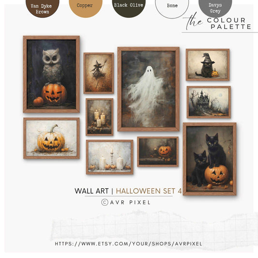 Halloween Wall Art Prints Set - 10 Spooky Prints of Ghosts, Witches, and Haunted Houses by Avr Pixel - Avr Pixel