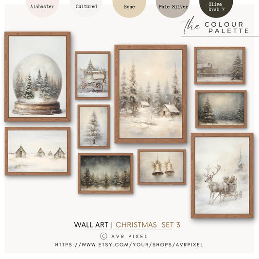 Christmas Wall Art | Vintage Farmhouse  - Set of 10 Rustic Holiday Oil Paintings _ Avr pixel - Avr Pixel