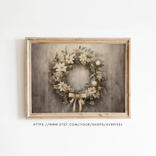 Christmas Wall Art | Vintage Floral Wreath  -  Farmhouse Decor _ Avr pixel - Avr Pixel