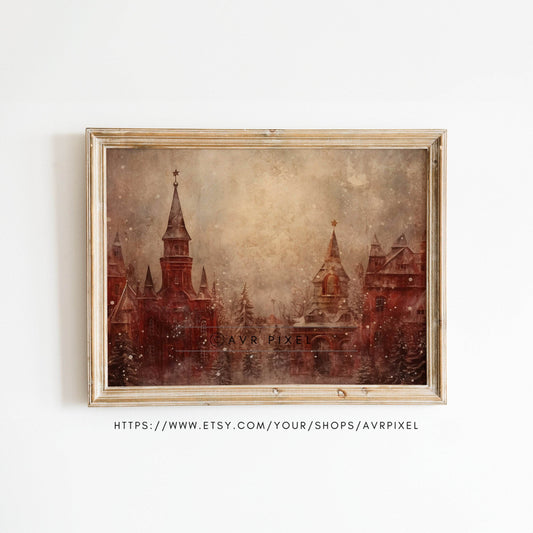 Christmas Wall Art | Winter Scene Print - Festive Red Brick Church _ Avr pixel - Avr Pixel