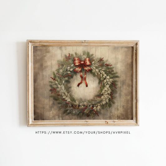 Christmas Wall Art | Vintage  Wreath  - Holiday Decor _ Avr pixel - Avr Pixel